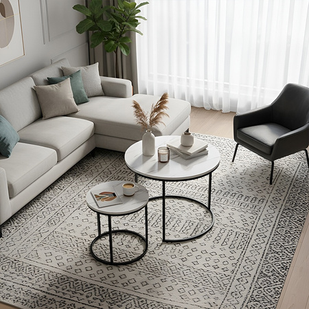 STOLIK KAWOWY OKRĄGŁY BIAŁY MARMUROWY NOWOCZESNY ZESTAW STOLIKÓW DO SALONU TIG-1-MAR-WH-BL-60