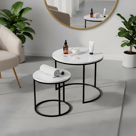 STOLIK KAWOWY OKRĄGŁY BIAŁY MARMUROWY NOWOCZESNY ZESTAW STOLIKÓW DO SALONU TIG-1-MAR-WH-BL-60