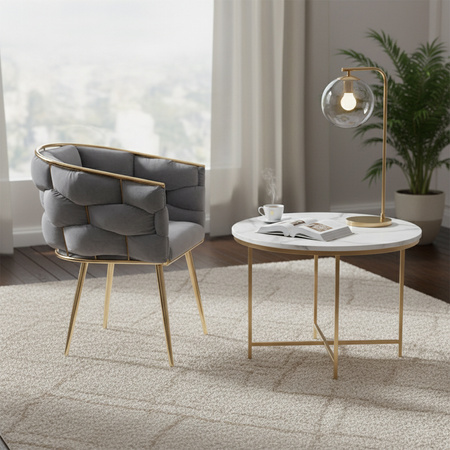 FOTEL KRZESŁO PLECIONE WELUROWE TAPICEROWANE BORNEO GLAMOUR CIEMNOSZARY NOGI ZŁOTE