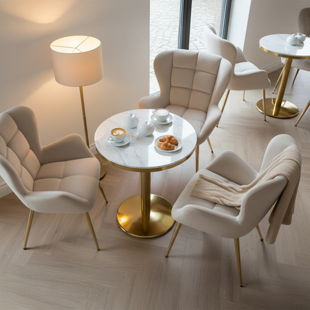 FOTEL KRZESŁO WELUROWE TAPICEROWANY CAPRI ECRU WELUR NOGI ZŁOTE