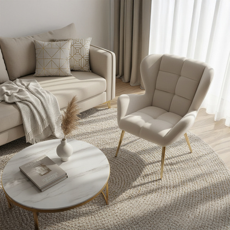 FOTEL KRZESŁO WELUROWE TAPICEROWANY CAPRI ECRU WELUR NOGI ZŁOTE