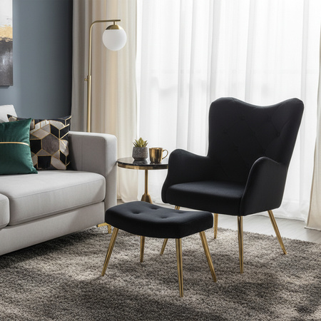KRZESŁO FOTEL WELUROWY TAPICEROWANY Z PODNÓŻKIEM MARS CZARNY NOGI ZŁOTE