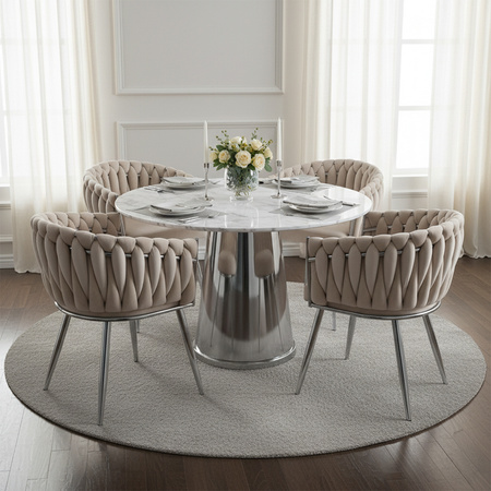 FOTEL KRZESŁO WELUROWE TAPICEROWANE RISO ECRU NOGI CHROM