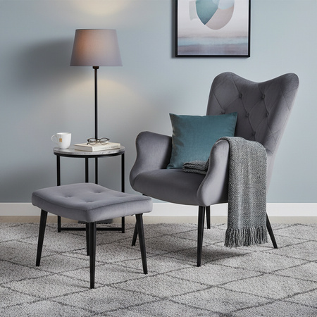 KRZESŁO FOTEL WELUROWY TAPICEROWANY Z PODNÓŻKIEM MARS CIEMNOSZARY NOGI CZARNE