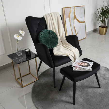 KRZESŁO FOTEL WELUROWY TAPICEROWANY Z PODNÓŻKIEM MARS CZARNY NOGI CZARNE