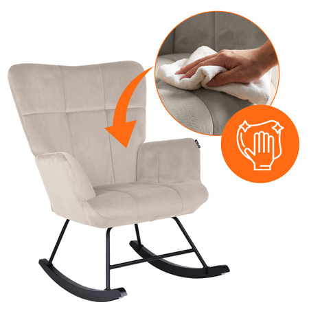 FOTEL KRZESŁO BUJANE USZAK WELUROWE TAPICEROWANE ARUBA BEŻOWY NOGI CZARNE