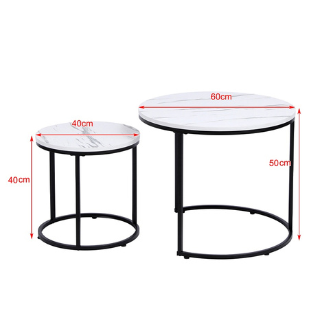 STOLIK KAWOWY OKRĄGŁY BIAŁY MARMUROWY NOWOCZESNY ZESTAW STOLIKÓW DO SALONU TIG-1-MAR-WH-BL-60