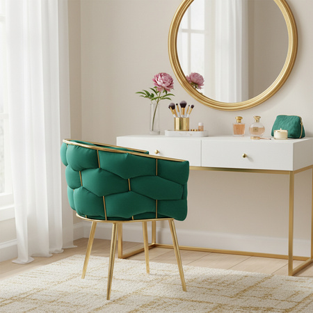 FOTEL KRZESŁO PLECIONE WELUROWE TAPICEROWANE BORNEO GLAMOUR ZIELONY NOGI ZŁOTE