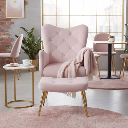 KRZESŁO FOTEL WELUROWY TAPICEROWANY Z PODNÓŻKIEM MARS PUDROWY RÓŻ NOGI CZARNE