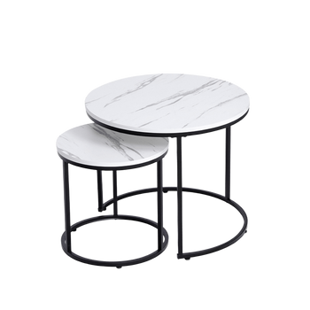 STOLIK KAWOWY OKRĄGŁY BIAŁY MARMUROWY NOWOCZESNY ZESTAW STOLIKÓW DO SALONU TIG-1-MAR-WH-BL-60