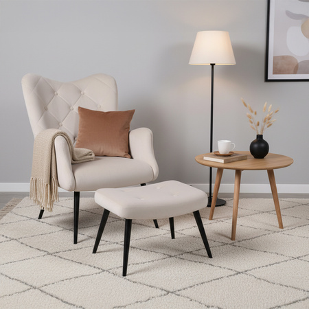 KRZESŁO FOTEL WELUROWY TAPICEROWANY Z PODNÓŻKIEM MARS ECRU NOGI CZARNE