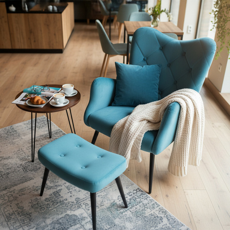 KRZESŁO FOTEL WELUROWY TAPICEROWANY Z PODNÓŻKIEM MARS TURKUSOWY NOGI CZARNE