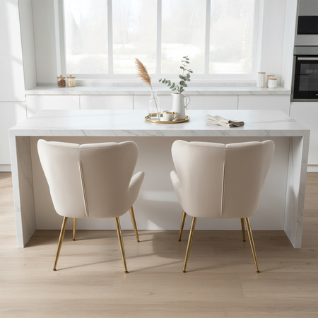 FOTEL KRZESŁO WELUROWE TAPICEROWANY CAPRI ECRU WELUR NOGI ZŁOTE