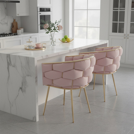 FOTEL KRZESŁO PLECIONE WELUROWE TAPICEROWANE BORNEO GLAMOUR PUDROWY RÓŻ NOGI ZŁOTE