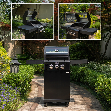 GRILL OGRODOWY GAZOWY Z POKRYWĄ I PÓŁKAMI ZEUS-A CZARNY RUSZT ŻELIWNY 8,5 KW + POKROWIEC