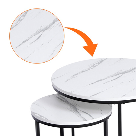 STOLIK KAWOWY OKRĄGŁY BIAŁY MARMUROWY NOWOCZESNY ZESTAW STOLIKÓW DO SALONU TIG-1-MAR-WH-BL-60