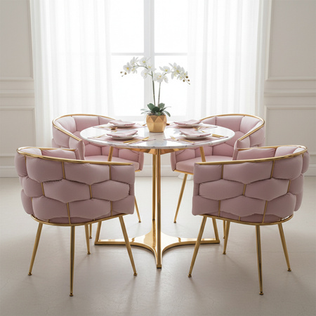 FOTEL KRZESŁO PLECIONE WELUROWE TAPICEROWANE BORNEO GLAMOUR PUDROWY RÓŻ NOGI ZŁOTE