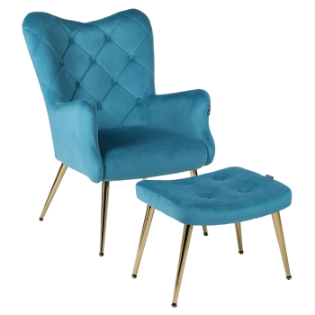 KRZESŁO FOTEL WELUROWY TAPICEROWANY Z PODNÓŻKIEM MARS TURKUSOWY NOGI ZŁOTE