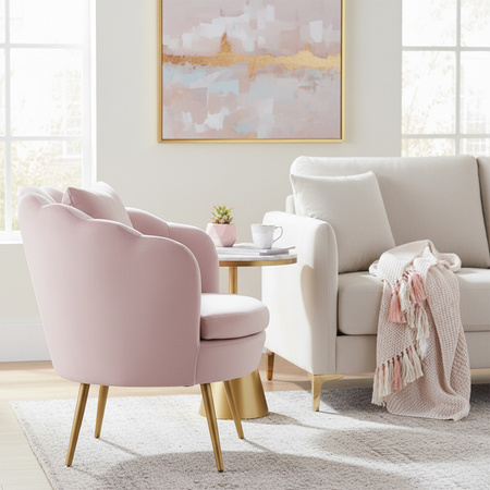 FOTEL KRZESŁO MUSZELKA WELUROWY TAPICEROWANY SAVA PUDROWY RÓŻ NOGI ZŁOTE