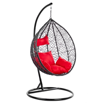 FOTEL OGRODOWY WISZĄCY KOKON DUŻY KOSZ KORFU BRĄZOWY Z PODSTAWĄ PODUSZKA CZERWONA
