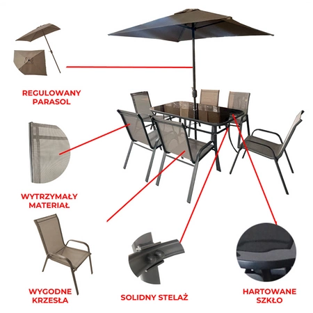 ZESTAW MEBLI OGRODOWYCH OBIADOWE PARASOL ALBENA 6 OSOBOWE BRĄZOWE