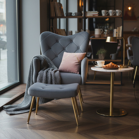 KRZESŁO FOTEL WELUROWY TAPICEROWANY Z PODNÓŻKIEM MARS CIEMNOSZARY NOGI ZŁOTE