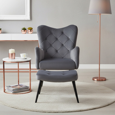 KRZESŁO FOTEL WELUROWY TAPICEROWANY Z PODNÓŻKIEM MARS CIEMNOSZARY NOGI CZARNE