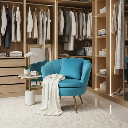 FOTEL KRZESŁO MUSZELKA WELUROWY TAPICEROWANY SAVA TURKUSOWY NOGI ZŁOTE