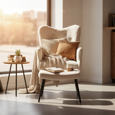 KRZESŁO FOTEL WELUROWY TAPICEROWANY Z PODNÓŻKIEM MARS ECRU NOGI CZARNE