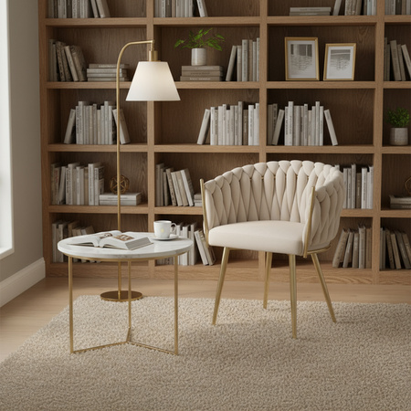 KRZESŁO FOTEL WELUROWY TAPICEROWANY RISO ECRU NOGI ZŁOTE