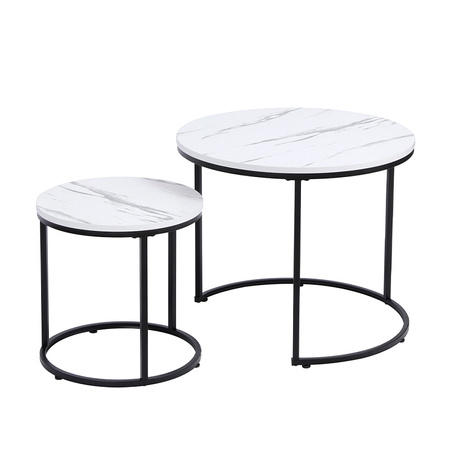 STOLIK KAWOWY OKRĄGŁY BIAŁY MARMUROWY NOWOCZESNY ZESTAW STOLIKÓW DO SALONU TIG-1-MAR-WH-BL-60