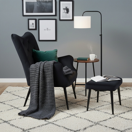 KRZESŁO FOTEL WELUROWY TAPICEROWANY Z PODNÓŻKIEM MARS CZARNY NOGI CZARNE