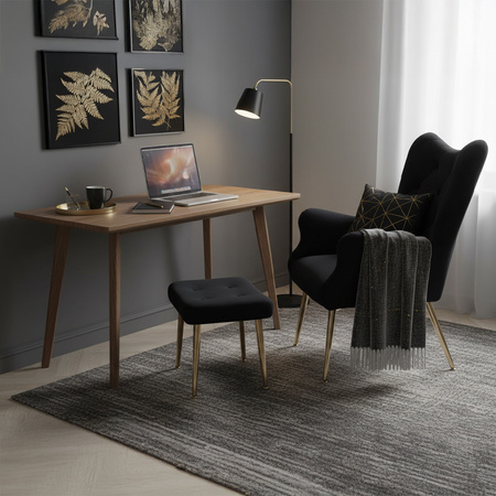 KRZESŁO FOTEL WELUROWY TAPICEROWANY Z PODNÓŻKIEM MARS CZARNY NOGI ZŁOTE