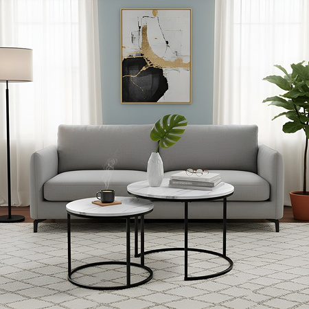 STOLIK KAWOWY OKRĄGŁY BIAŁY MARMUROWY NOWOCZESNY ZESTAW STOLIKÓW DO SALONU TIG-1-MAR-WH-BL-60