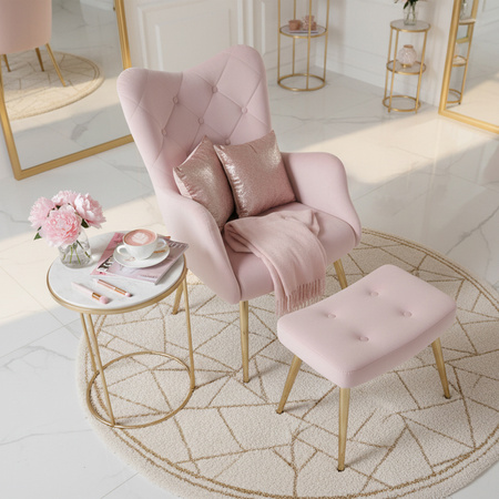 KRZESŁO FOTEL WELUROWY TAPICEROWANY Z PODNÓŻKIEM MARS PUDROWY RÓŻ NOGI ZŁOTE