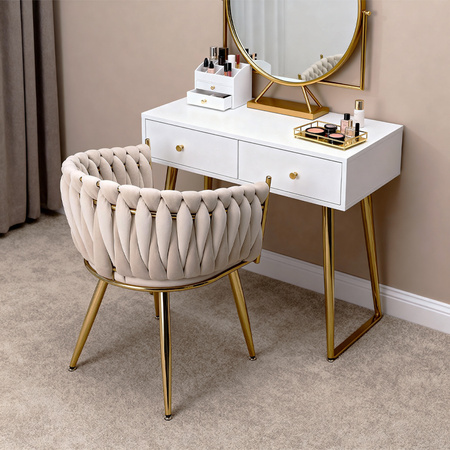 KRZESŁO FOTEL WELUROWY TAPICEROWANY RISO ECRU NOGI ZŁOTE