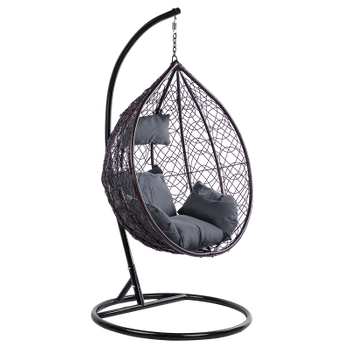 FOTEL OGRODOWY WISZĄCY KOKON DUŻY KOSZ KORFU BRĄZOWY Z PODSTAWĄ PODUSZKA SZARA