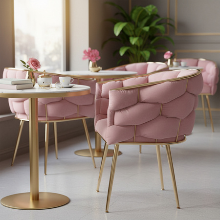 FOTEL KRZESŁO PLECIONE WELUROWE TAPICEROWANE BORNEO GLAMOUR BRUDNY RÓŻ NOGI ZŁOTE