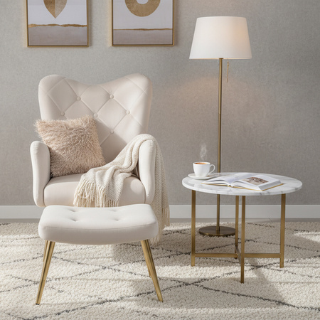 KRZESŁO FOTEL WELUROWY TAPICEROWANY Z PODNÓŻKIEM MARS ECRU NOGI ZŁOTE