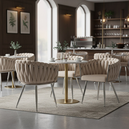 FOTEL KRZESŁO WELUROWE TAPICEROWANE RISO ECRU NOGI CHROM