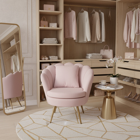 FOTEL KRZESŁO MUSZELKA WELUROWY TAPICEROWANY SAVA PUDROWY RÓŻ NOGI ZŁOTE