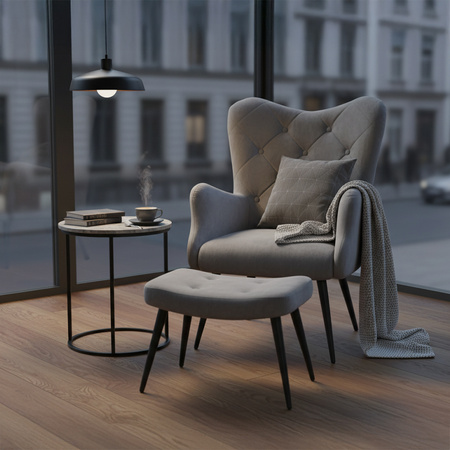 KRZESŁO FOTEL WELUROWY TAPICEROWANY Z PODNÓŻKIEM MARS CIEMNOSZARY NOGI CZARNE