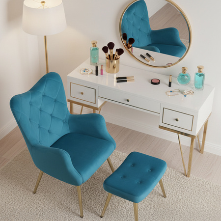 KRZESŁO FOTEL WELUROWY TAPICEROWANY Z PODNÓŻKIEM MARS TURKUSOWY NOGI ZŁOTE