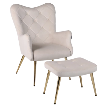 KRZESŁO FOTEL WELUROWY TAPICEROWANY Z PODNÓŻKIEM MARS ECRU NOGI ZŁOTE