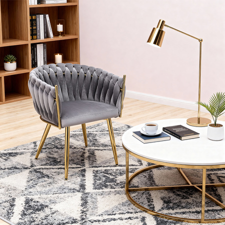 FOTEL KRZESŁO WELUROWY TAPICEROWANY RISO CIEMNY SZARY NOGI ZŁOTE