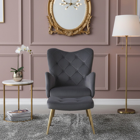 KRZESŁO FOTEL WELUROWY TAPICEROWANY Z PODNÓŻKIEM MARS CIEMNOSZARY NOGI ZŁOTE