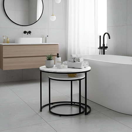 STOLIK KAWOWY OKRĄGŁY BIAŁY MARMUROWY NOWOCZESNY ZESTAW STOLIKÓW DO SALONU TIG-1-MAR-WH-BL-60