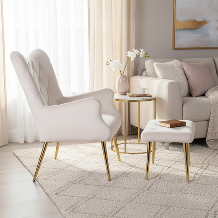 KRZESŁO FOTEL WELUROWY TAPICEROWANY Z PODNÓŻKIEM MARS ECRU NOGI ZŁOTE