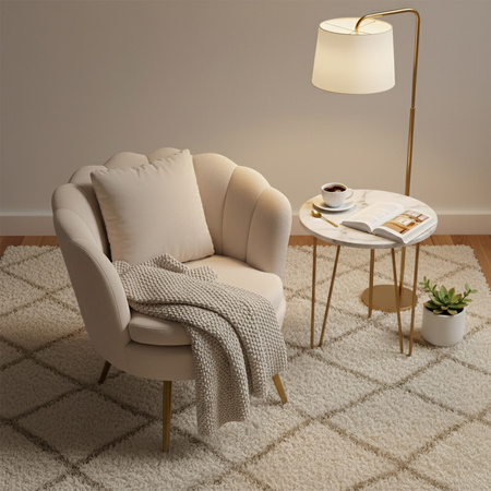 FOTEL KRZESŁO MUSZELKA WELUROWY TAPICEROWANY SAVA ECRU NOGI ZŁOTE