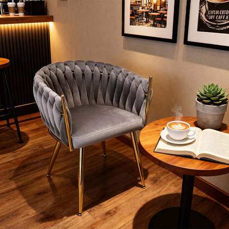 FOTEL KRZESŁO WELUROWY TAPICEROWANY RISO CIEMNY SZARY NOGI ZŁOTE